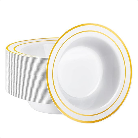 Goodluck 50 Pack Plastic Bowls with Gold Rim, 12oz Disposable Soup Bowls, Heavy Duty Dessert Bowls for Weddings, Parties, Dinners, Catering, Thanksgiving and Everyday Use