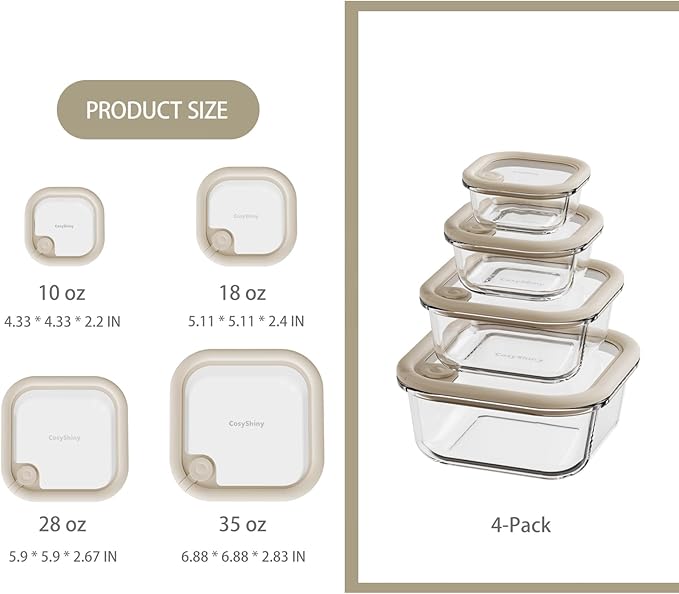 Glass Food Storage Containers with Silicone Glass Lids, 304 Stainless Steel Salad Dressing Containers, Microwave-safe LeakProof Food Containers Set, 100% Plastic Free-4-pack（White）