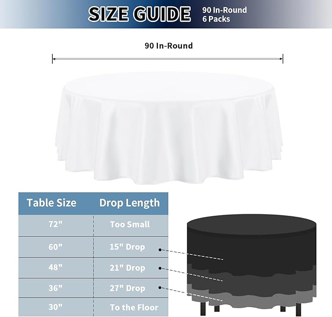 PureFit 6 Pack Round White Table Cloths 90Inch for Round Tables, Stain and Wrinkle Resistant Table Linens for Home Use, Wedding, Party, Banquet and Camping