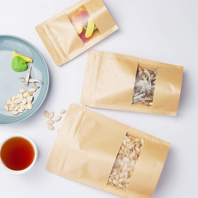LZLPACKING Kraft Stand Up Pouches bags 100 Pcs,Brown Resealable Bags with Window for Home or Business,Coffee,Food Storage Bags,Sealable Bags for Packaging(5.9횞8.6)