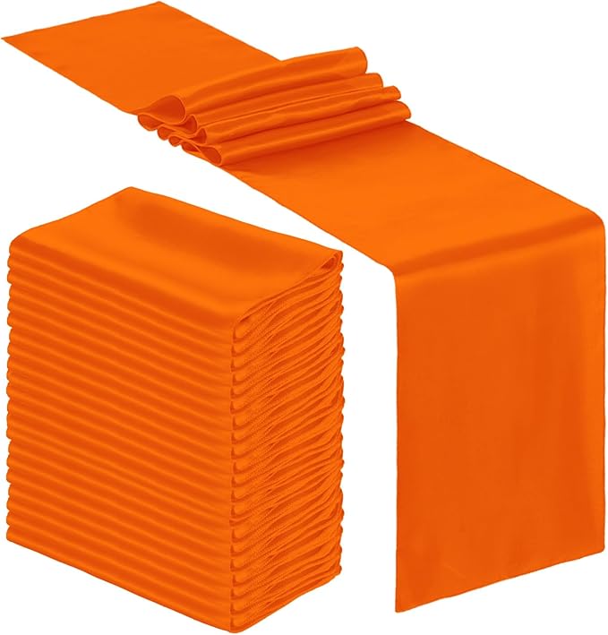 Bencailor 24 Pcs Orange Satin Table Runner Bulk 12 x 108 Inches Long Table Runners Bright Smooth Fabric Tablecloth for Wedding Banquet Birthday Valentines St Patrick's Day Party Decorations