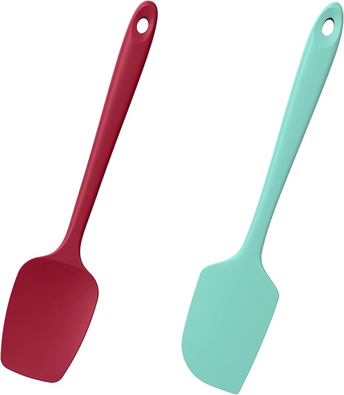 Doosu Silicone Scraper Spoon Spatulas, 600째F Heat Resistant BPA Free Rubber Flat Spatula, Kitchen Mixing Stirring Cooking Spoonula, Non-Stick Dishwasher Safe Baking Supplies (2 Pcs, Aqua+Red)