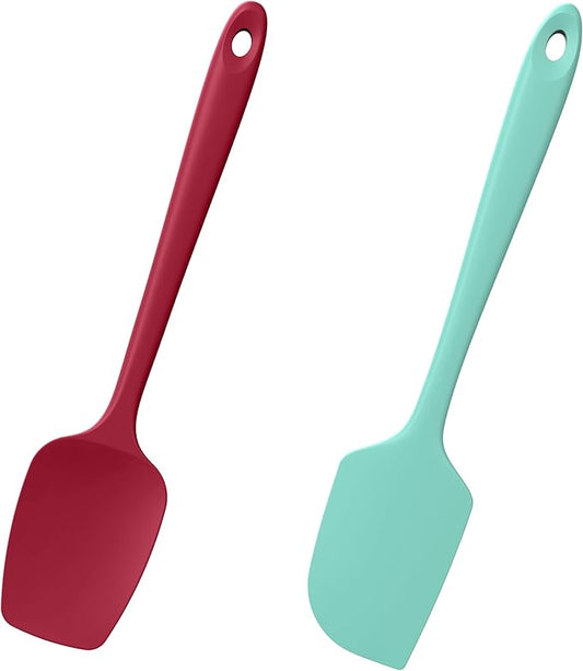 Doosu Silicone Scraper Spoon Spatulas, 600째F Heat Resistant BPA Free Rubber Flat Spatula, Kitchen Mixing Stirring Cooking Spoonula, Non-Stick Dishwasher Safe Baking Supplies (2 Pcs, Aqua+Red)