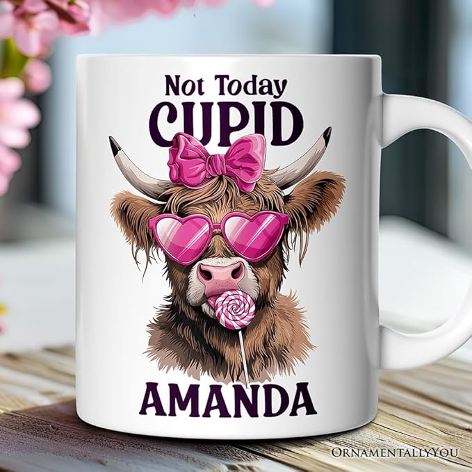 OrnamentallyYou Personalized Valentine Mug (Valentines Highland Cow Personalized Mug, Not Today Cupid Funny Cow Lover Gift)