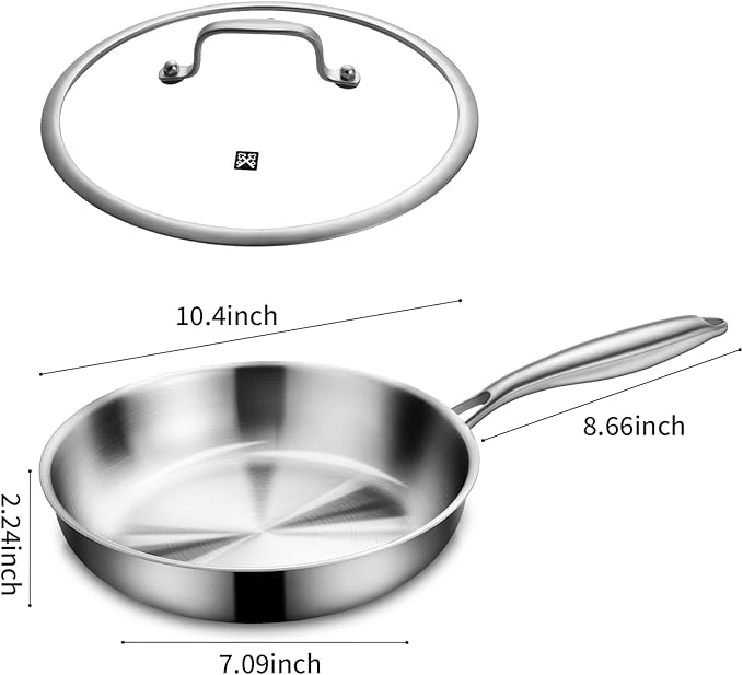 GOLDEN KEY 10 inch Tri-Ply Stainless Steel Pan,Stainless Steel Skillet with Lid,Frying Pan with Lid Compatible with All Cooktops Up to 600,Dishwasher Safe