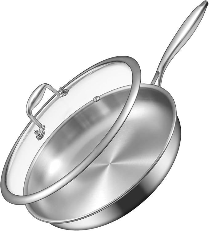EWFEN 12 Inch Tri-Ply Stainless Steel Frying Pan, Compatible with All Cooktops Up to 600?? Large Frying Pan with lids, Induction-Ready Skillet, Dishwasher and Oven Safe, Fast & Even Heat, Heavy Duty