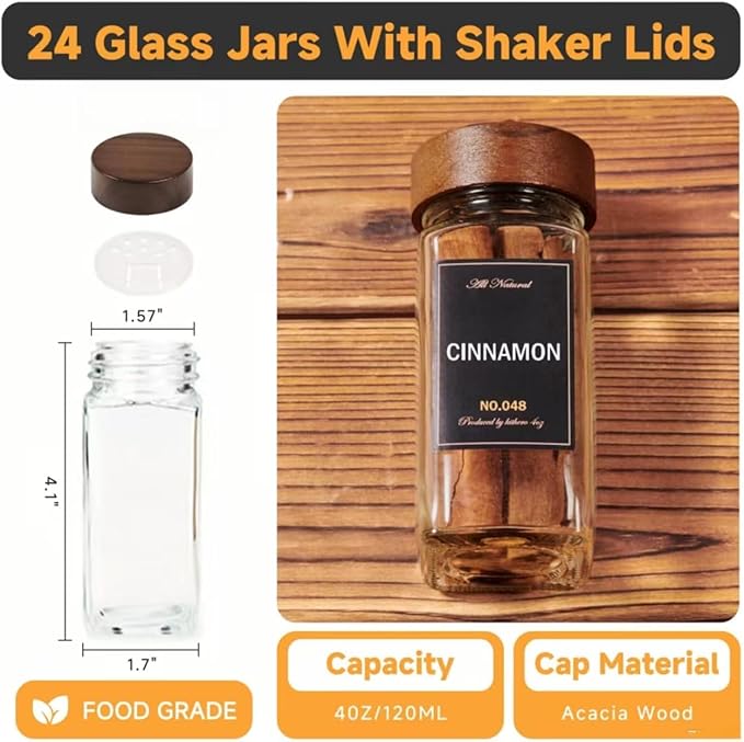 Wooden Lid Magnetic Spice Rack with 12 Jars, 216 Labels, 1 Steel Funnel for Refrigerator竊똌icrowave Oven - Full Set of Spice Organizer