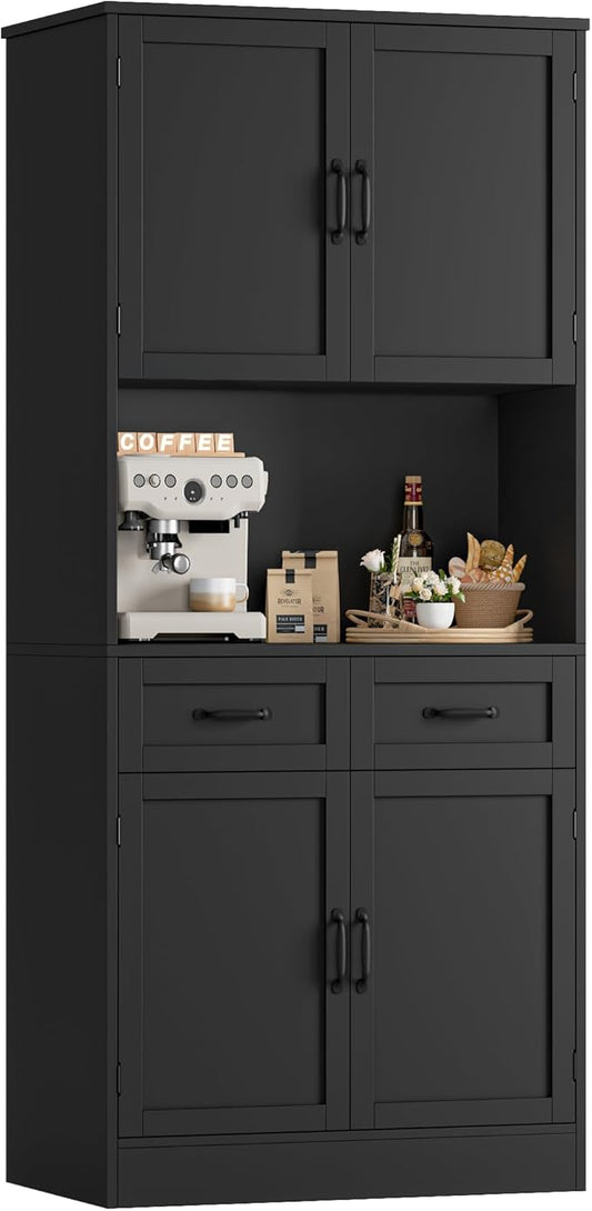HOSTACK 71??Tall Kitchen Pantry Storage Cabinet, Modern Kitchen Hutch Bar Cabinet with Microwave Stand, Wood Buffet Sideboard with Hutch, Cupboard with Drawers, Shelves for Dining Room, Black