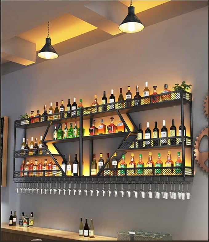 Modern Wall Mounted Wine Rack w/LED Light, Metal Wall Bar Shelves Wall Mounted w/Glass Holder, Large Liquor Shelf for Liquor Bottles for Home Bar & Dining Room(Black-Yellow Led, 79in/200cm)