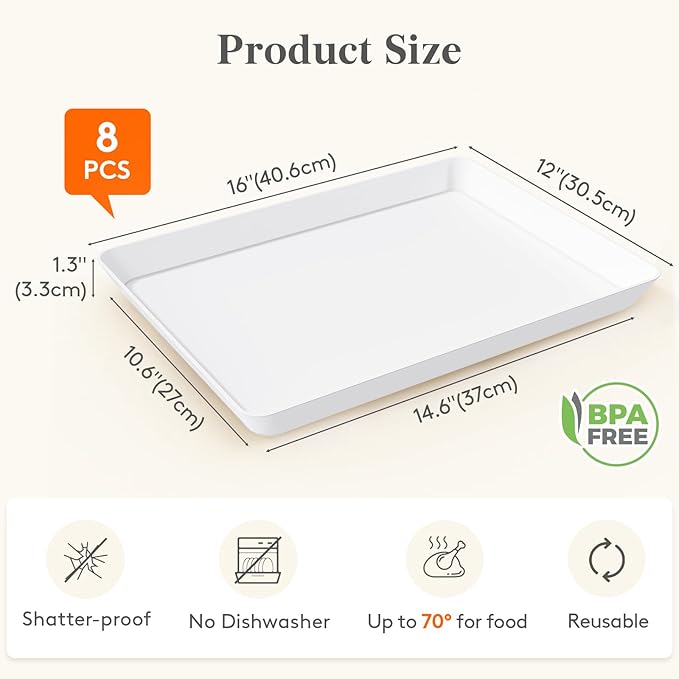 Lifewit 8 Pcs Plastic Serving Platter for Party, 16" x 12" White Trays for Serving Food, Reusable Extra Large Platters for Buffet, Appetizer, Fruit, Dessert, New Year Party Supplies, Rectangle