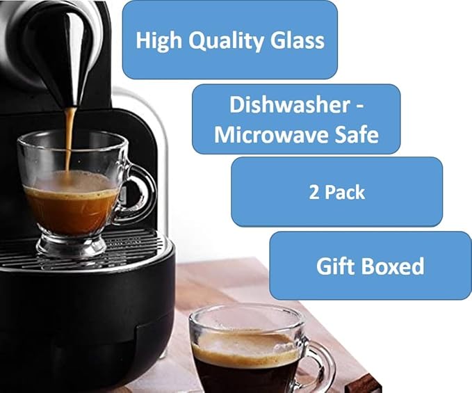 BOHEM'S Espresso Cups, 3.2 oz Small Demitasse Clear Glass Espresso Drinkware, Set of 2, Espresso Shot Glasses, Clear Expresso Coffee Cups, Tazas de Cafe Expreso