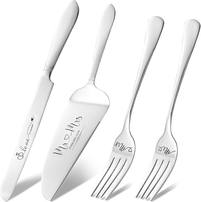 Wedding Cake Knife and Server Set, Mr Mrs Forks and Cake Cutting Set for Wedding for Couples 2025 (Silver)