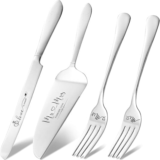 Wedding Cake Knife and Server Set, Mr Mrs Forks and Cake Cutting Set for Wedding for Couples 2025 (Silver)
