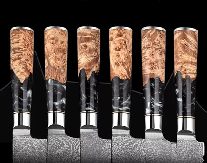 Epicurean Cook 8-Piece Damascus Knife Set with Japanese VG10 Steel Core - Ultra Sharp Kitchen Knives with 67 Layers of Damascus Steel - Burl Wood Black Resin Handles