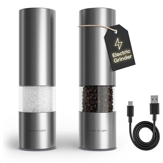 LARS NYS횠M Electric Salt and Pepper Grinder Set I Automatic Salt and Pepper Mills with Adjustable Ceramic Grinder I USB Rechargeable Electric Spice Mill Set with LED Light (Stainless Steel)