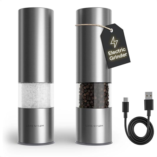 LARS NYS횠M Electric Salt and Pepper Grinder Set I Automatic Salt and Pepper Mills with Adjustable Ceramic Grinder I USB Rechargeable Electric Spice Mill Set with LED Light (Stainless Steel)