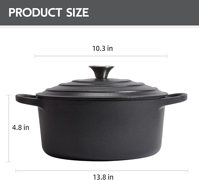 6 Quart Dutch Oven Enameled Cast Iron with Lid - Big Dual Handles - Oven Safe up to 500째F - Classic Round Pot for Versatile Cooking (Matte Black(No Enameled), 6 QT)