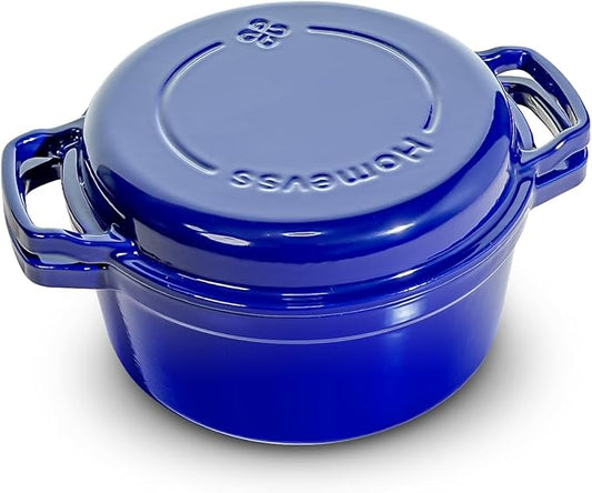 2-in-1 Enameled Cast Iron Braiser Pan with Grill Lid - 5-Quart Small Dutch Oven, Non-Stick Cookware Multi Cooker for Bread Baking Cooking Stewing, Suit for All Cooktops, Dual Handles & Oven Safe, Blue