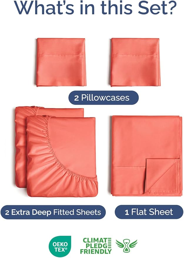 Extra Deep Pocket Split King Sheets - 5 Piece Breathable & Cooling Bed Sheets - Hotel Luxury Bed Sheet Set - Soft, Wrinkle Free & Comfy - Easily Fits Extra Deep Mattresses - Deep Pocket Coral Sheets
