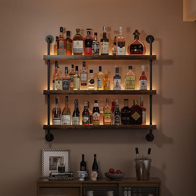 3-Tier Wall Mounted Wine Rack with LED,Liquor Bottles Floating Shelves Display Storage Organizer for Home Bar Dining Room Kitchen (31.5" W x 47.2" H x 8.6" D)