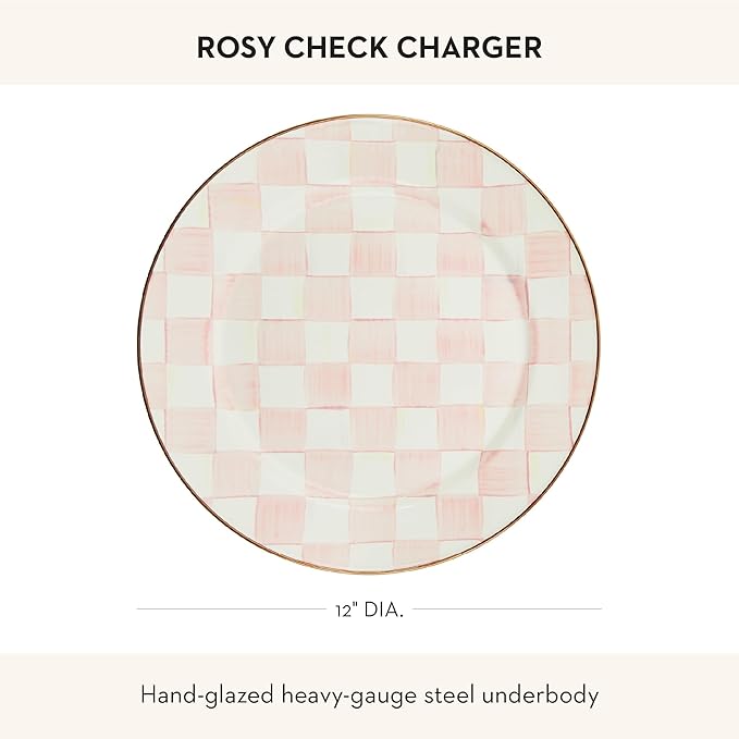 MACKENZIE-CHILDS Enamel Charger Plate, Charger Decoration for Dinner Plates or Home Decor, 12 Inches, Pink-and-White Rosy Check, Set of 1