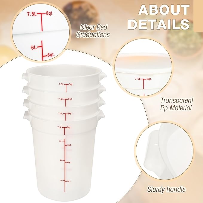 Hushee 4 Pcs Commercial Food Storage Containers Round PP Food Storage Containers with Lids for Pantry Translucent Plastic Tubs with Lids for Storage Food Safe Bucket with Scales and Handles (8 Quart)