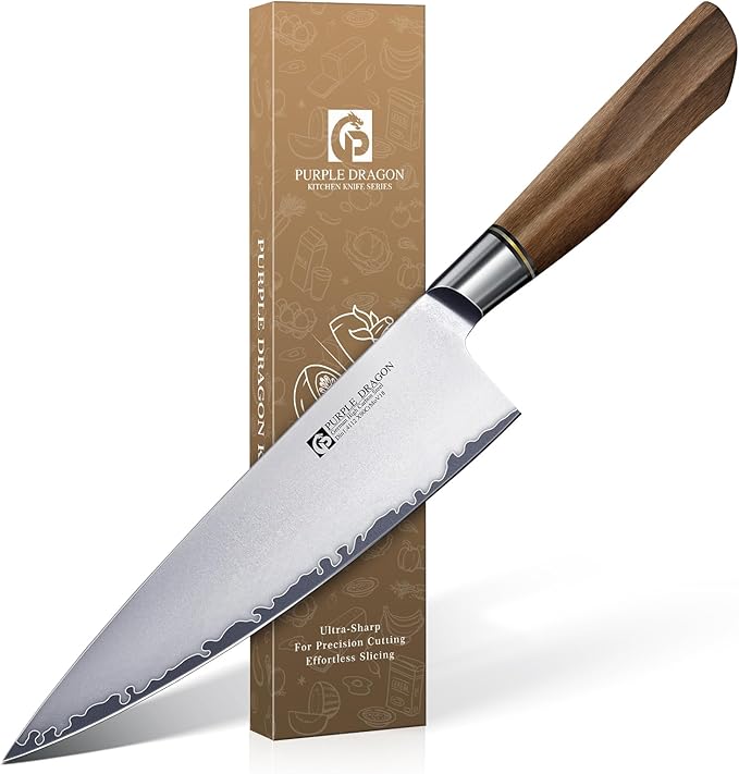 Purple Dragon Chef Knife 7.8 Inch, Ultra Sharp Japanese Kitchen Knife, German Vg10 Steel Meat Cutting Chopping Dicing Vegetables, Ergonomic Wooden Handle - Christmas Gift for Men and Women