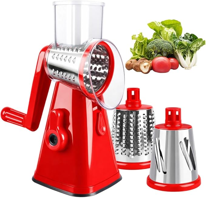 5 In 1 Food Chopper, 2026 New Rotary Cheese Grater - 3 Interchangeable Blades Manual Speed Round Food Slicer, Nut Grinder with Strong Suction Base (Red)