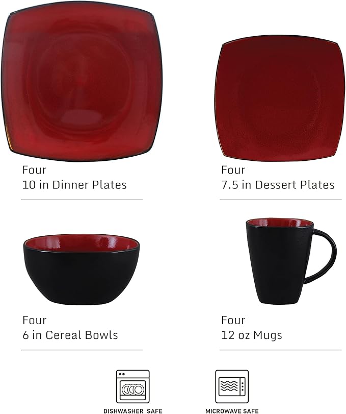 Gibson Elite Soho Lounge Square 16-Piece Dinnerware Set, Service for 4, Reactive Glaze Stoneware Plates and Bowls, Modern Dishes, Microwave & Dishwasher Safe ??Red and Black