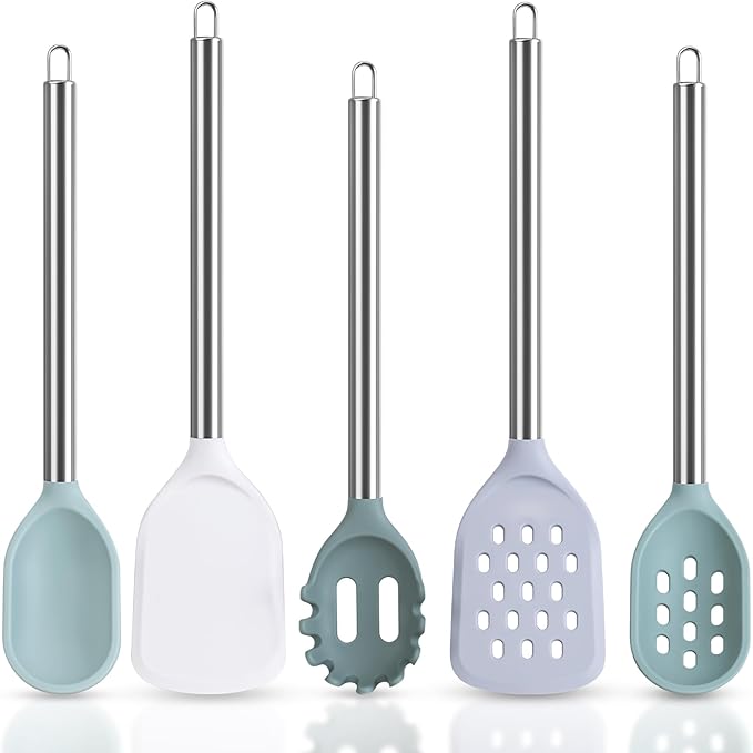 5-Piece Silicone Kitchen Utensils Set Non Toxic, Heat-Resistant & Non-Stick with Stainless Steel Handles, BPA-Free Silicone Cooking Utensils, Slotted Turner, Solid Spoon, Pasta Server, Dishwasher Safe
