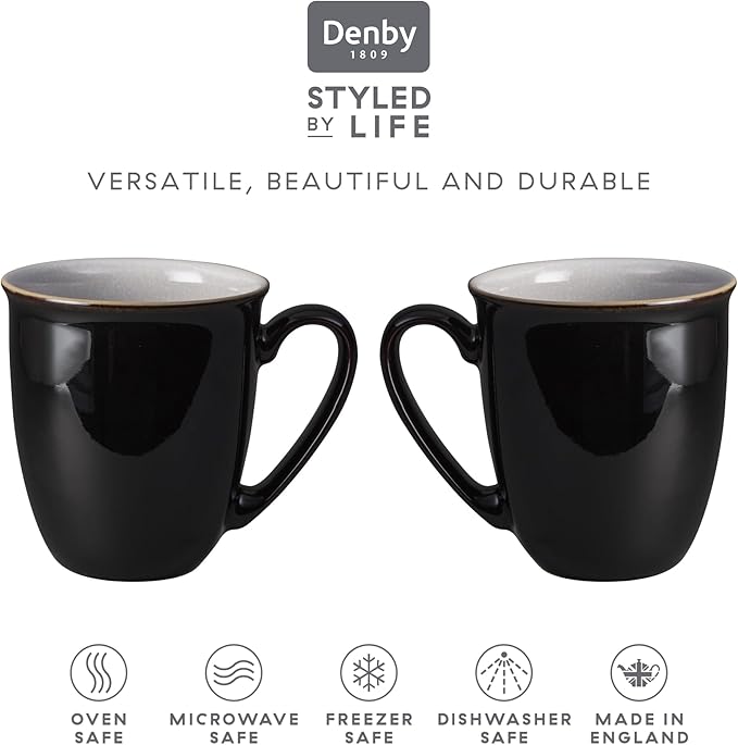 Denby - Elements Black Large Coffee Mug Set of 4-11.15oz Stoneware Tea Cup Mug Set For Office & Home - Dishwasher Safe, Microwave Safe - Ceramic Tea Cups With Black White Glaze, Chip Resistant
