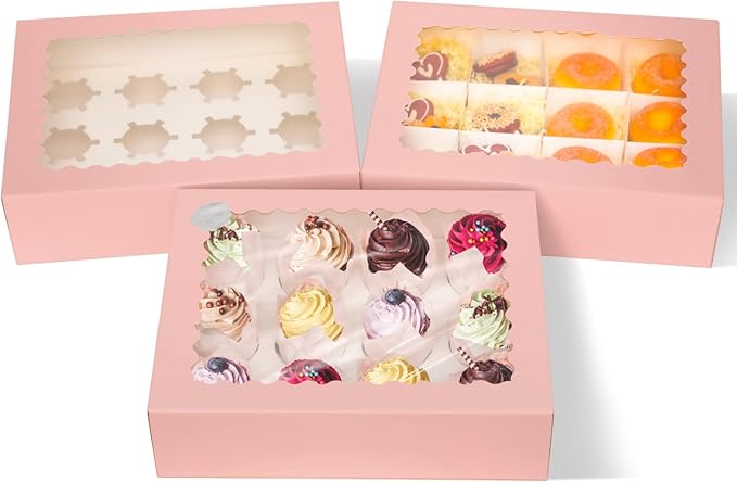 qiqee Pink 12 Cupcake Boxes with Window 16-Packs Cupcake Box 13"x10"x3.5" Cupcakes Carrier, 12 Cupcake Containers