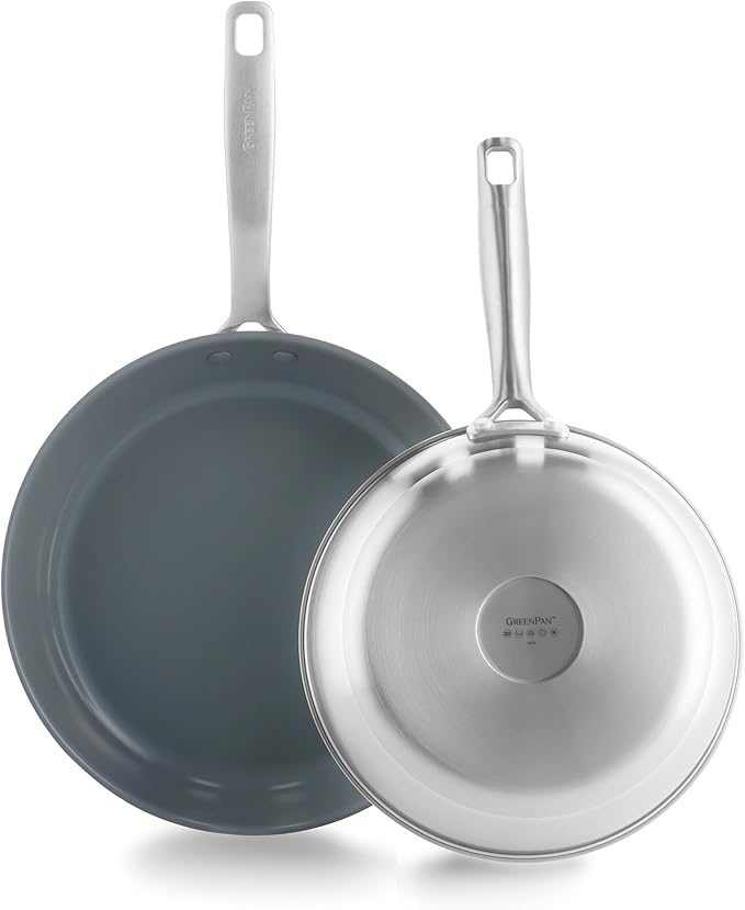 GreenPan Treviso 9.5??and 11??Frying Pan skillet Set, Non-Toxic PFAS-Free Stainless Steel Ceramic Nonstick Coating, Induction Suitable, Multi Clad, Pouring Rims, Dishwasher & Oven Safe to 600째