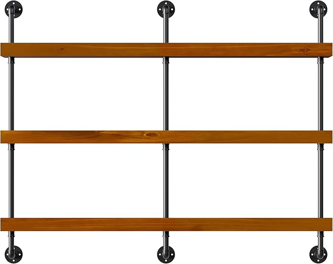 Industrial Wine Rack Wall Mounted, Solid Wood Shelf with Metal Pipe Brackets, 3-Tier Rustic Hanging Organizer for Wine Bottle Storage in Kitchen, Bar, Pub, Cellar(Walnut Brown, 60 Inch)