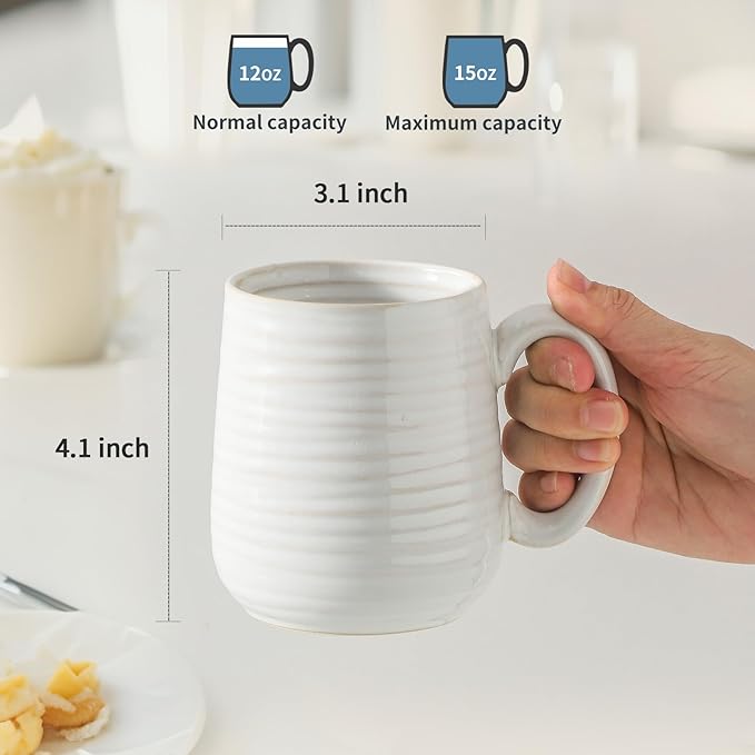 MEKY Coffee Mugs Set for 4,15oz Ceramic Coffee Cups for Hot Tea, Cappuccino, Latte, Cocoa, Milk, Mug Set for Women and Men as Holiday Gifts, Dishwasher and Microwave Safe, Arctic White