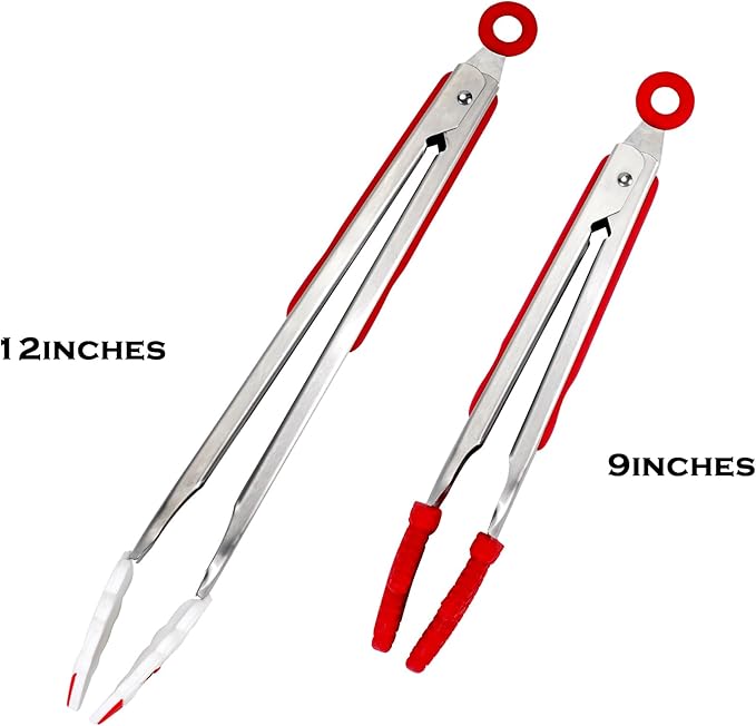 Kitchen Tongs, Premium Stainless Steel, Food-Grade Silicone Tips with Christmas Design, Heat Resistant 500쨘F, 2-Piece Set (9'' and 12'')