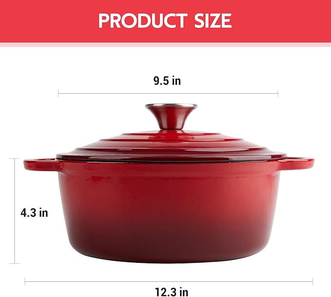 4.5 Quart Dutch Oven Enameled Cast Iron with Lid - Big Dual Handles - Oven Safe up to 500째F - Classic Round Pot for Versatile Cooking Red
