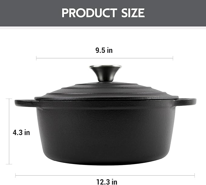 4.5 Quart Dutch Oven Enameled Cast Iron with Lid - Big Dual Handles - Oven Safe up to 500째F - Classic Round Pot for Versatile Cooking Matte Black(No Enameled
