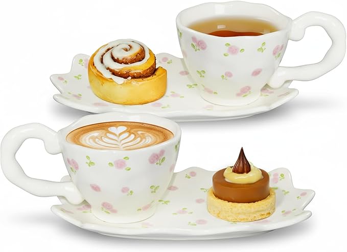 Unique Ceramic Tea Cup and Saucer Set, Coffee Mug, Cup and Saucer Set, Cute Fancy Girly Afternoon Tea Set Purse Gift, 5.4 oz/160 ml Vintage Style, For Women and Tea Parties, Pink flowers