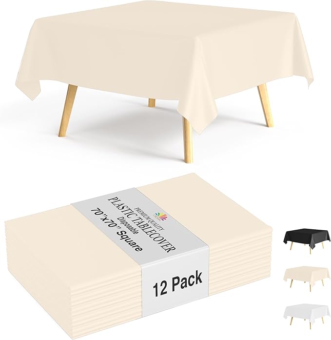 Party Solids 12-Pack Ivory Square Plastic Disposable Tablecloth ??Size: 70 횞 70 Inches ??Square Table Cover for Parties, Picnics & Formal Events