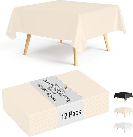 Party Solids 12-Pack Ivory Square Plastic Disposable Tablecloth ??Size: 70 횞 70 Inches ??Square Table Cover for Parties, Picnics & Formal Events