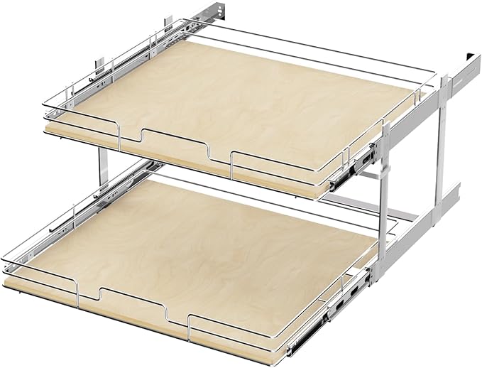 ROOMTEC 2 Tier Individual Pull Out Cabinet Organizer 25쩍"W x 21쩍"D, Slide Out Wood Shelves Organizers, Pull Out Drawers Organization and Storage for Kitchen Cabinet