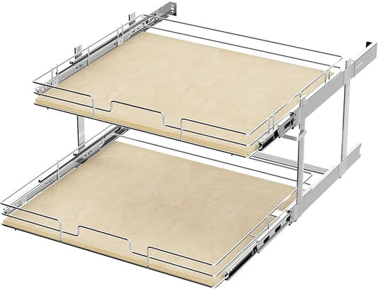ROOMTEC 2 Tier Individual Pull Out Cabinet Organizer 25쩍"W x 21쩍"D, Slide Out Wood Shelves Organizers, Pull Out Drawers Organization and Storage for Kitchen Cabinet