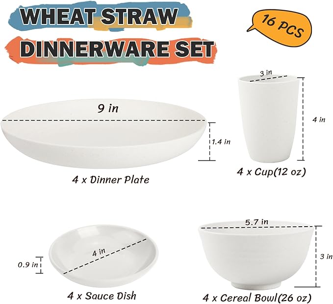 Wheat Straw Plates and Bowls Sets of 16竊똗nbreakable Dinnerware Sets for 4, Microwave & Dishwasher Safe Kids Dish Set for Kitchen, Outdoor, Camping, Party, RV- White