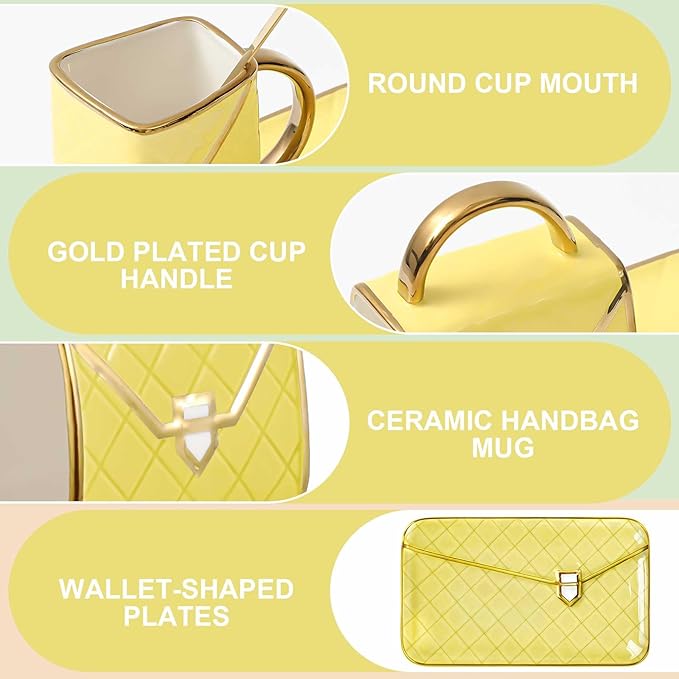 Zubebe 1 Set Coffee Mug Elegant Handbag Shaped Cup Valentine's Day Modern Ceramic Purse Mug with Spoon and Saucer, 10oz Cute Creative Tea Cup for Woman Girls Gift (Light Yellow)
