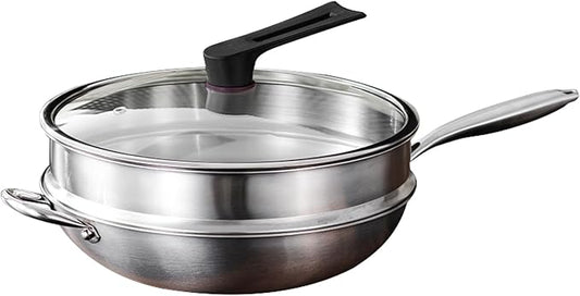 Titanium Hammered Wok with Lid, Upgrade Double Handle Non Stick Titanium Pans for Cooking, Ultra-Durable, Scratch-Resistant, Even Heating Frying Pans, Compatible with All Cooktops,with steame