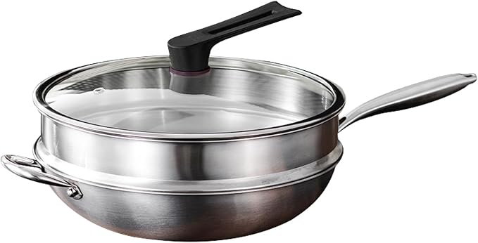 Titanium Hammered Wok with Lid, Upgrade Double Handle Non Stick Titanium Pans for Cooking, Ultra-Durable, Scratch-Resistant, Even Heating Frying Pans, Compatible with All Cooktops,with steame