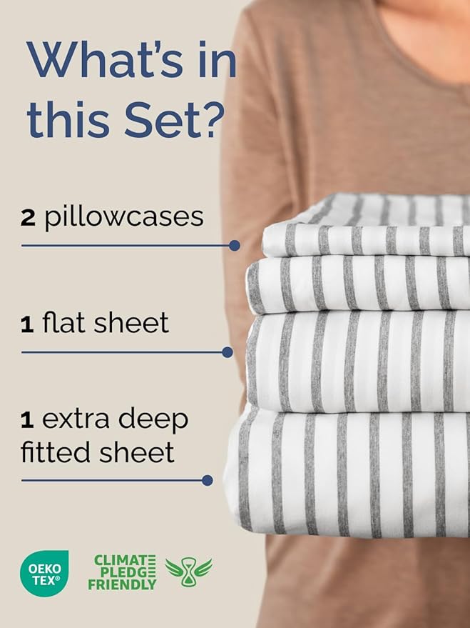 Extra Deep Pocket King Sheets - 4 Piece Breathable & Cooling Bed Sheets - Hotel Luxury Bed Sheet Set - Soft, Wrinkle Free & Comfy - Easily Fits Extra Deep Mattresses - Deep Pocket Grey Striped Sheets
