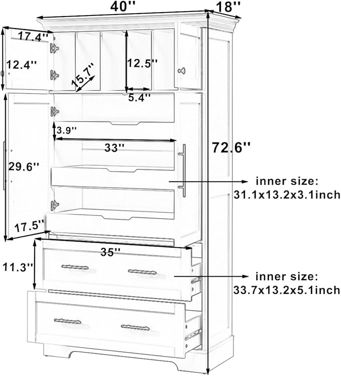 Merax 72.6" Farmhouse Kitchen Pantry Cabinet with Pull-Out Trays & Drawers, Freestanding Pantry with Cake Pan Storage, 4-Door Shaker Style Storage Cabinet, 40" L x 18" W, White