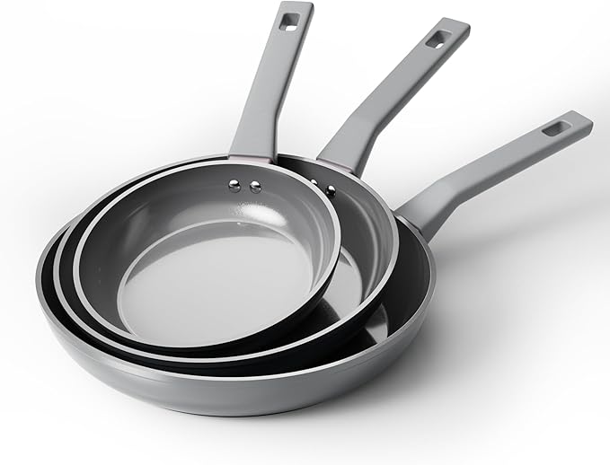 Sanho Healthy Ceramic Non-Toxic Frying Pan Set, 3-Piece (8, 10 & 12 Inch) Non Stick Skillets, PFAS PTFE PFOA Free, Induction Compatible, Dishwasher Safe Gray Cookware Set